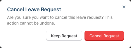The Cancel Leave Request dialog asking you to confirm, with Keep Request and Cancel Request buttons