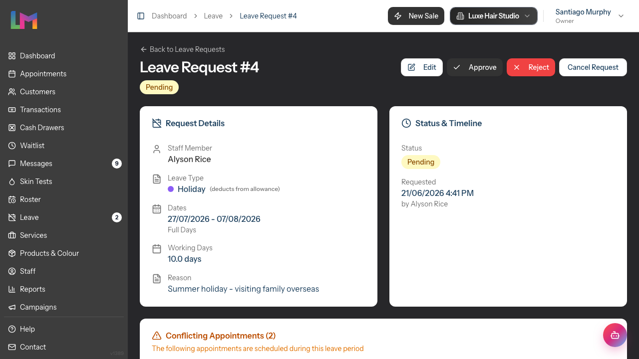 A pending leave request's detail page showing the Edit, Approve, Reject and Cancel Request buttons in the top-right, with the Request Details and Status & Timeline cards side by side below