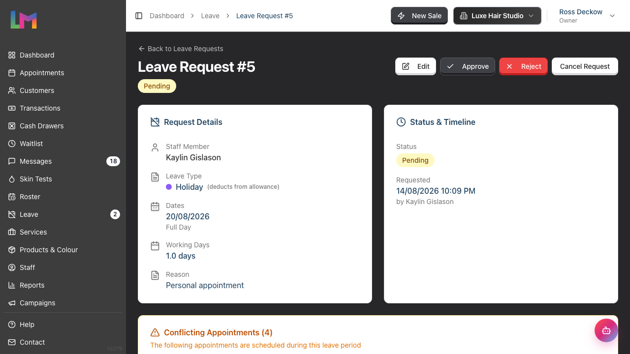 A pending leave request's detail page showing the Edit, Approve, Reject and Cancel Request buttons in the top-right, with the Request Details and Status & Timeline cards side by side below