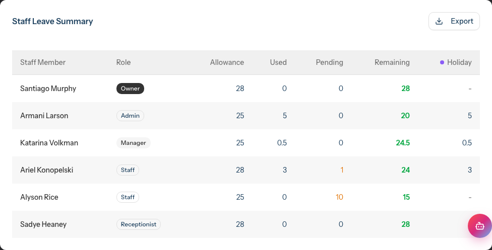 The Staff Leave Summary table with the Staff Member, Role, Allowance, Used, Pending and Remaining columns and a Holiday column