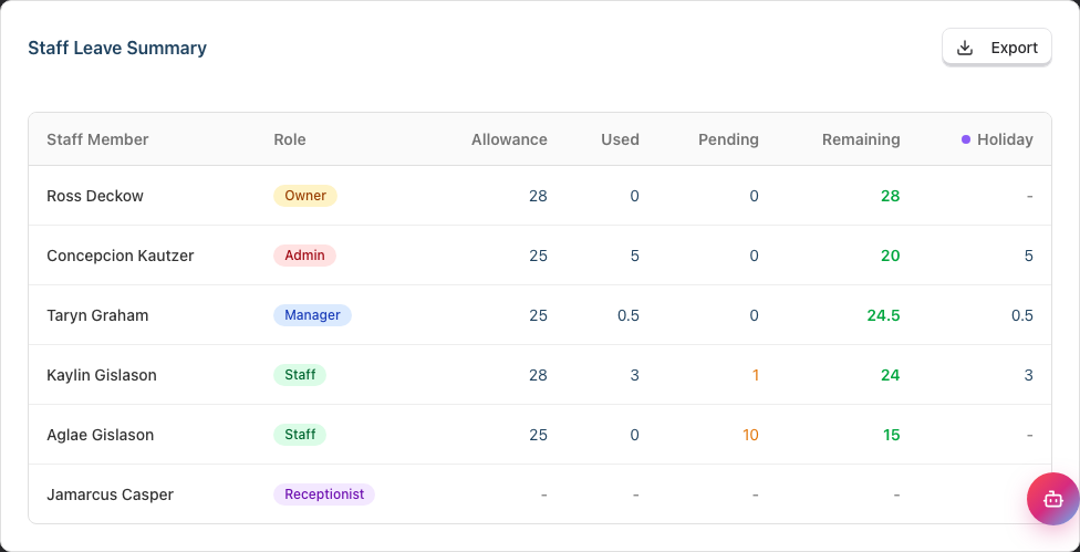 The Staff Leave Summary table with the Staff Member, Role, Allowance, Used, Booked and Remaining columns and a Holiday column