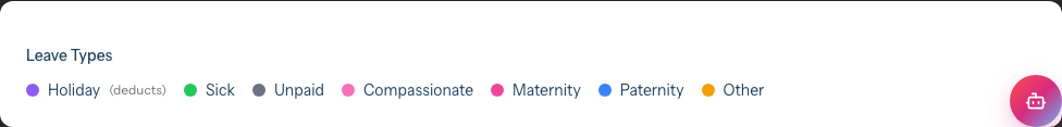 The Leave Types legend listing each leave type with a colour swatch and a