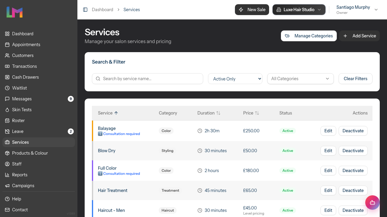 The Services page listing your services, with the Search & Filter card, Manage Categories and Add Service buttons, and a table of services showing category, duration, price and status.