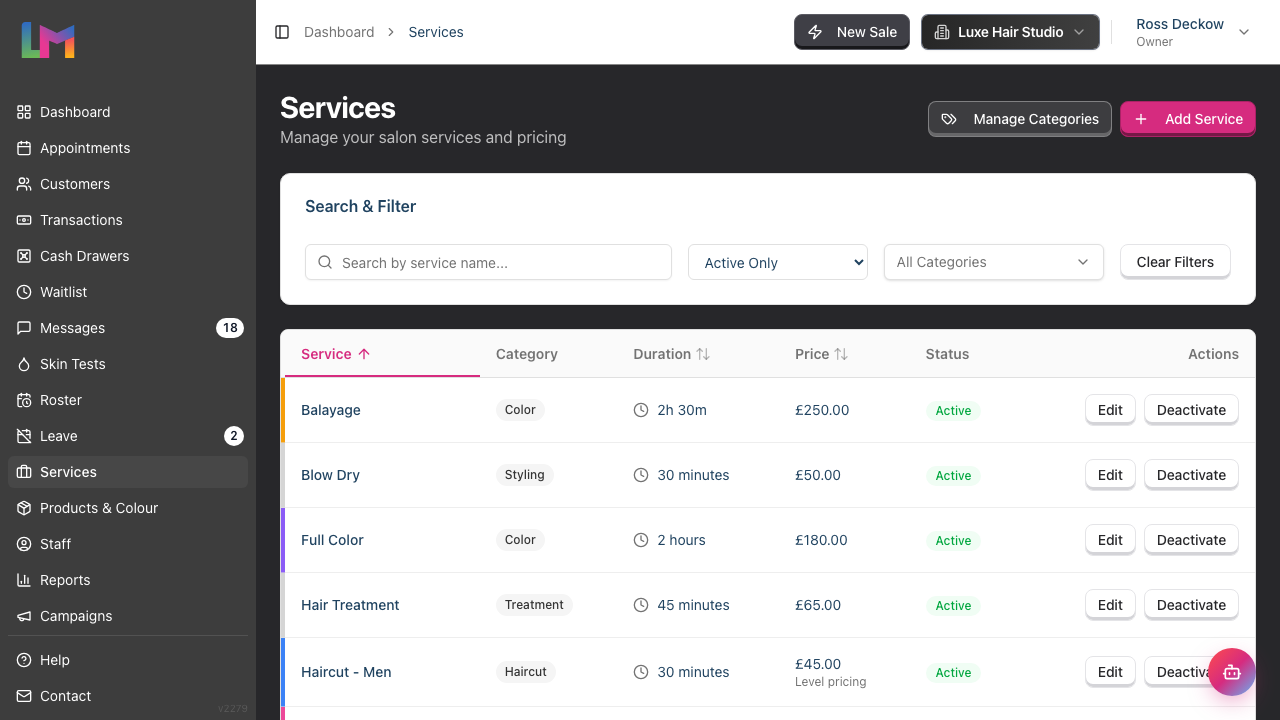 The Services page listing your services, with the Search & Filter card, Manage Categories and Add Service buttons, and a table of services showing category, duration, price and status.