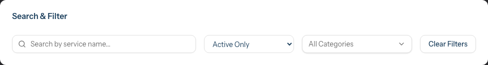 The Search & Filter card with a search-by-name field, a status dropdown set to Active Only, an All Categories filter, and a Clear Filters button.
