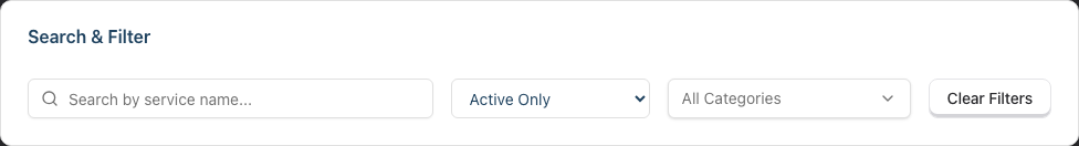 The Search & Filter card with a search-by-name field, a status dropdown set to Active Only, an All Categories filter, and a Clear Filters button.