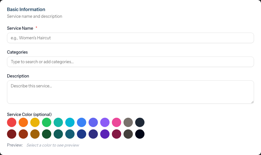The Basic Information card on the new service form, with fields for Service Name, Categories, Description, and a Service Color palette.