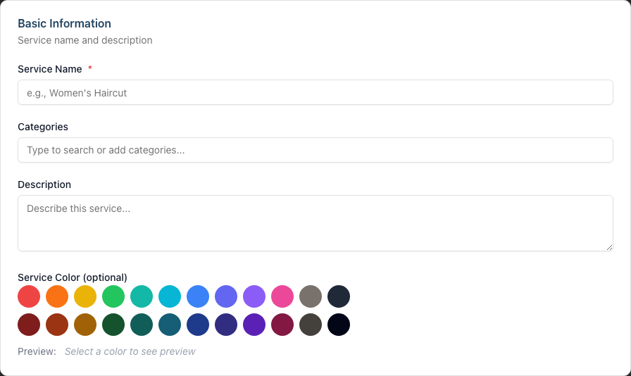The Basic Information card on the new service form, with fields for Service Name, Categories, Description, and a Service Color palette.