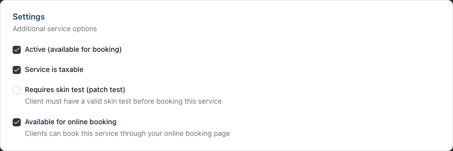 The Settings card on the new service form, with checkboxes for Active, Service is taxable, Requires skin test, and Available for online booking.