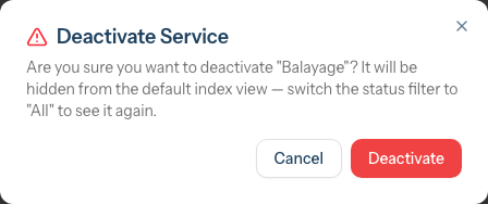 The Deactivate Service confirmation dialog warning that the service will be hidden from the default index view, with Cancel and Deactivate buttons.