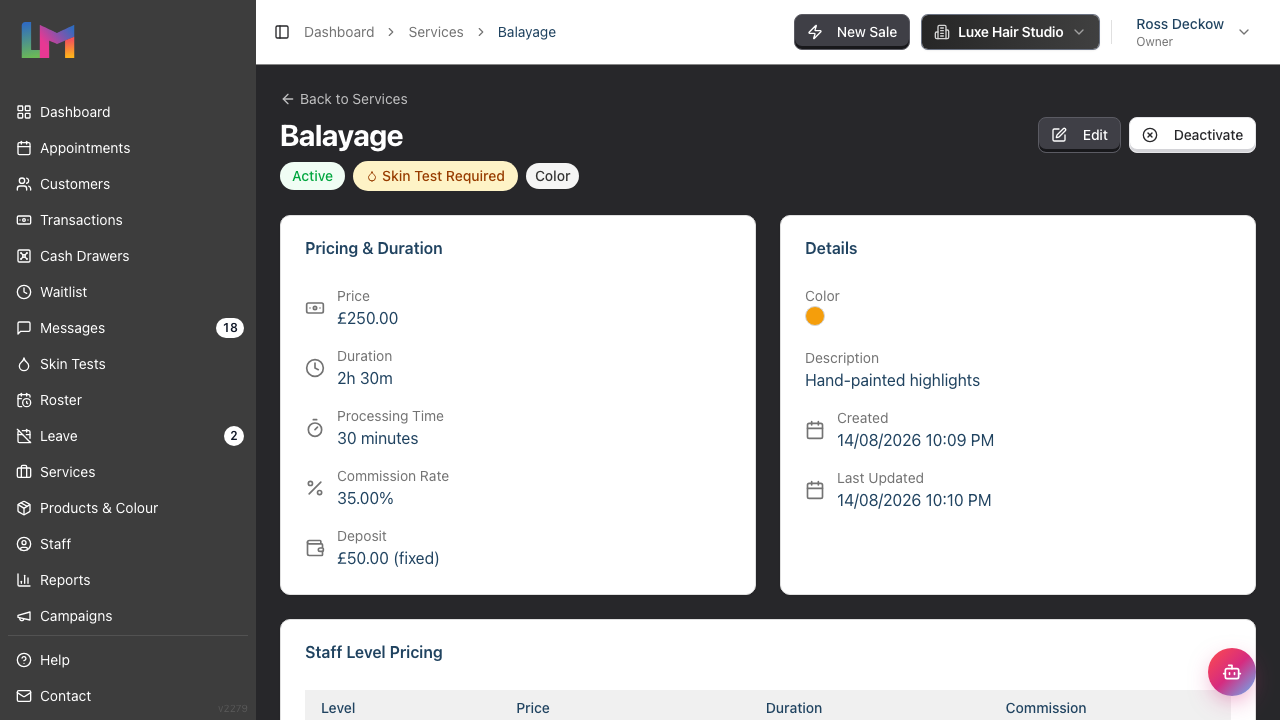 A service detail page with Pricing & Duration and Details cards side by side, status badges beneath the service name, and Edit and Deactivate buttons in the top-right corner.