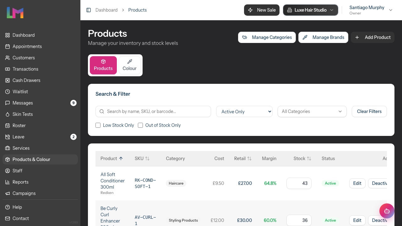 The Products list showing the product table, stock figures and status badges
