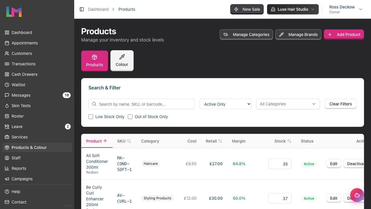 The Products list showing the product table, stock figures and status badges