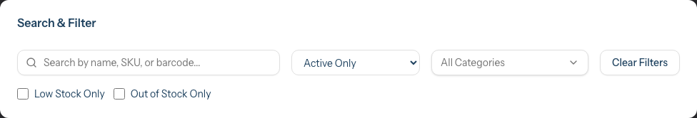 The Search & Filter card with the search box, three-state Status dropdown, category filter and stock checkboxes