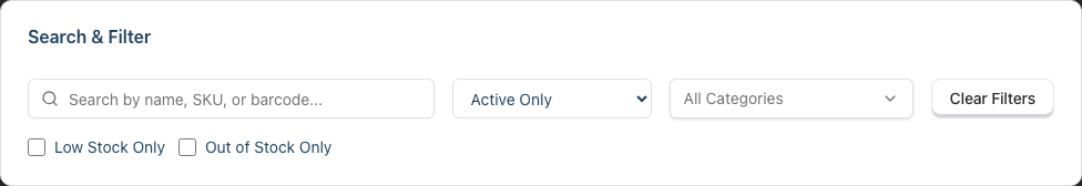 The Search & Filter card with the search box, three-state Status dropdown, category filter and stock checkboxes