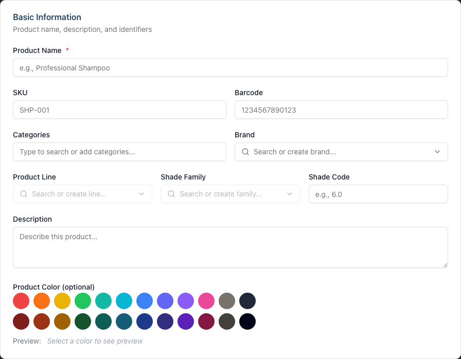 The Basic Information card with name, SKU, barcode, categories, and the Brand, Product Line and Shade Family searchable selects