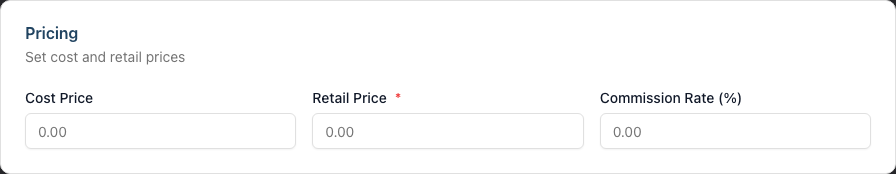 The Pricing card with cost price, retail price and commission rate fields