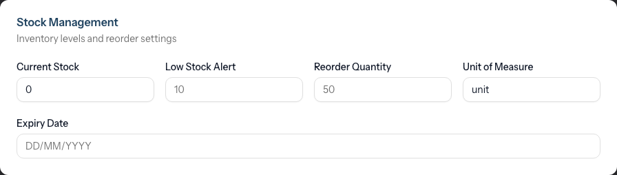 The Stock Management card with current stock, low stock alert, reorder quantity and unit of measure fields