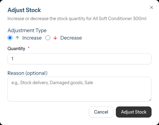 The Adjust Stock dialog with increase/decrease options, quantity and reason fields