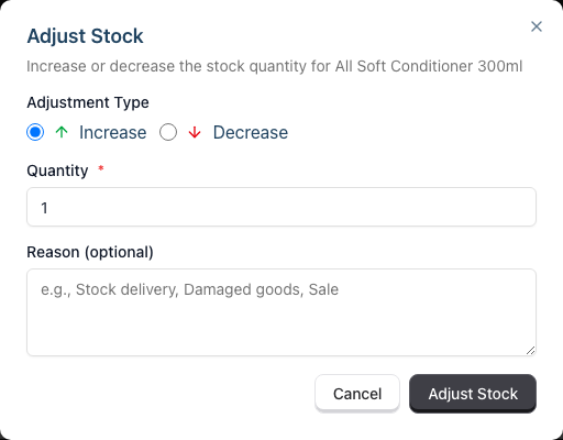 The Adjust Stock dialog with increase/decrease options, quantity and reason fields