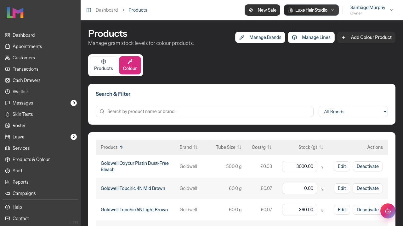 The Colour tab showing gram-tracked products with tube size, cost per gram and editable stock columns