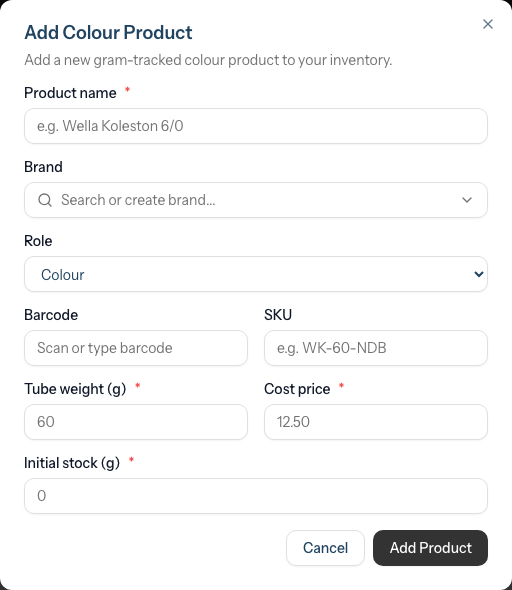 The Add Colour Product dialog with name, brand, role, barcode, SKU, tube weight, cost and initial stock fields