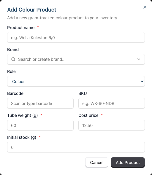 The Add Colour Product dialog with name, brand, role, barcode, SKU, tube weight, cost and initial stock fields