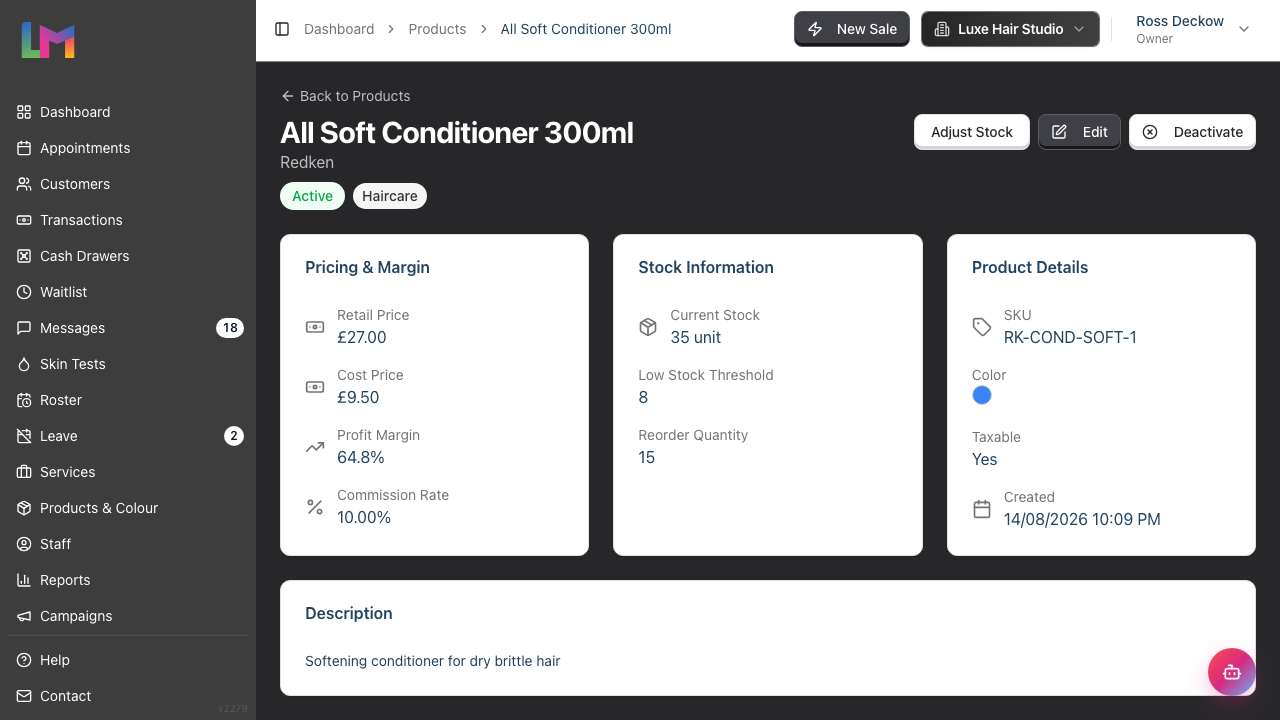 The product detail page showing the Pricing and Margin, Stock Information and Product Details cards
