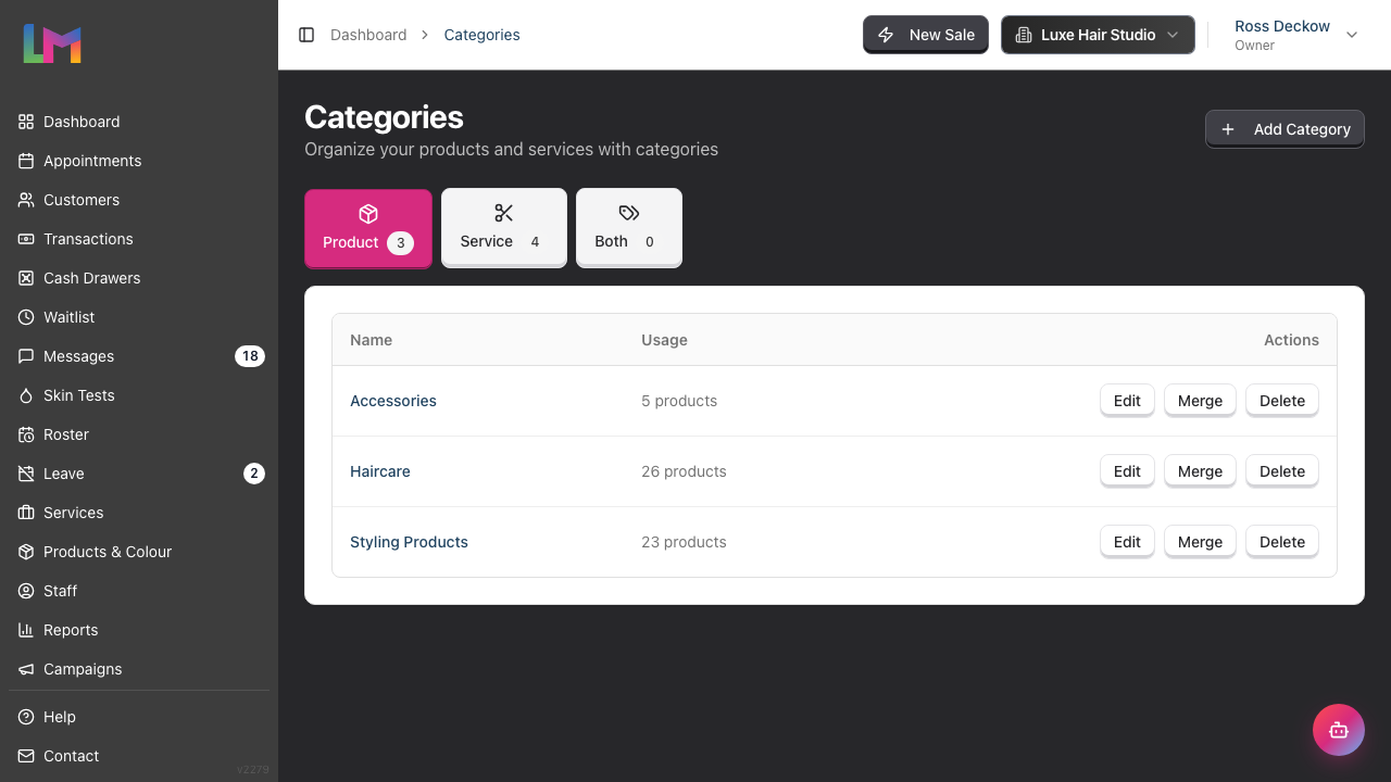 The Categories page showing the Product, Service and Both tabs, with the Product category table listing each category, its usage count, and Edit, Merge and Delete actions