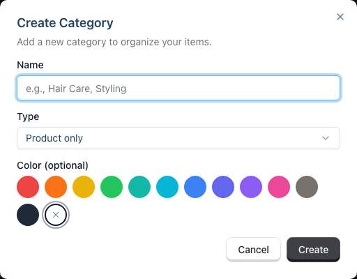 The Create Category dialog with the Name field, the Type dropdown set to Product only, and the colour palette of twelve colours plus a No colour option