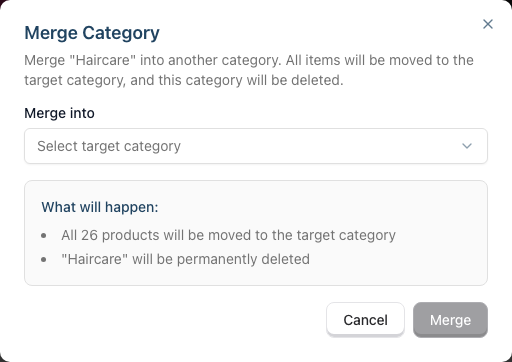 The Merge Category dialog with a target category picker and a summary of what will happen when the categories are merged