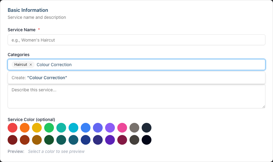 The Categories field on the Add Service form, showing a selected Haircut chip and the dropdown offering to create a new category called Colour Correction