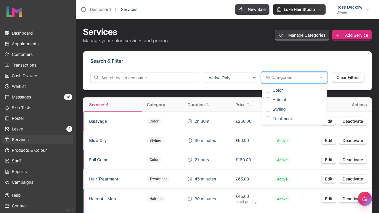 The All Categories filter open on the Services page, showing a tick box beside each service category