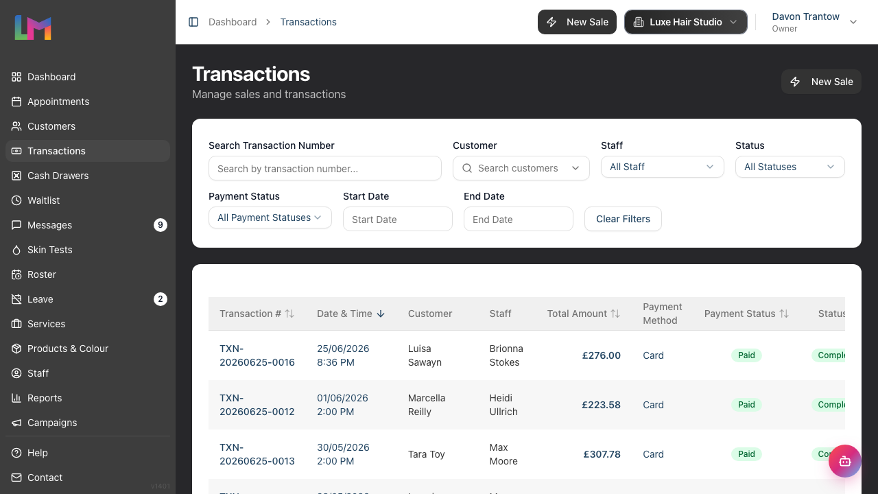 The Transactions list showing the search and filter controls above a table of transactions with their status and payment-status badges