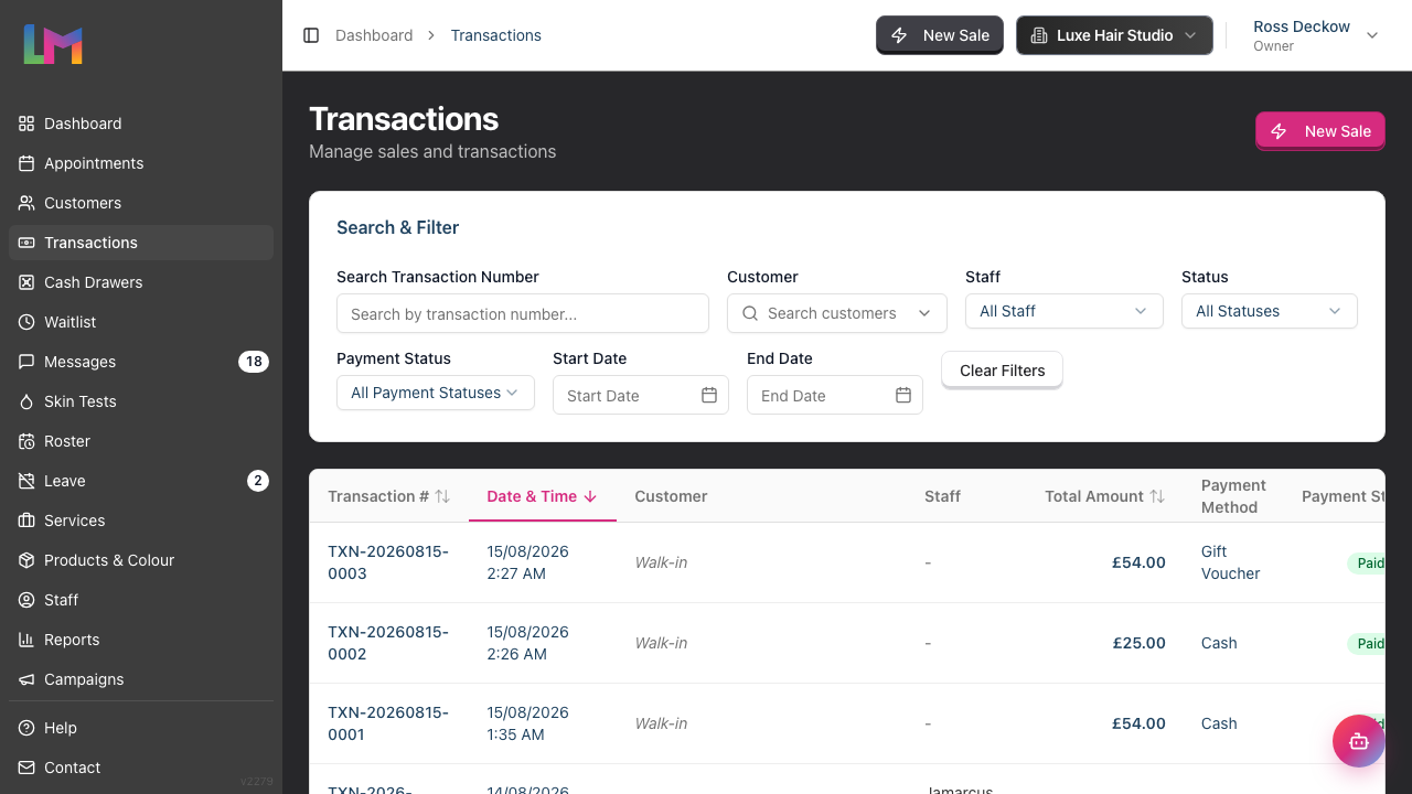 The Transactions list showing the search and filter controls above a table of transactions with their status and payment-status badges