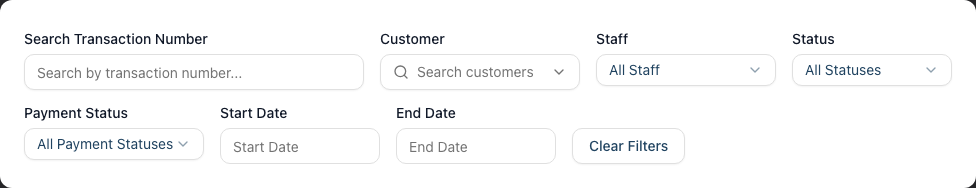 The Search & Filter controls: transaction-number search, customer, staff, status and payment-status pickers, and a start/end date range