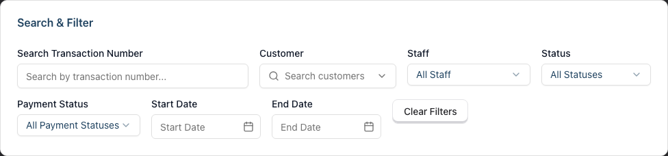 The Search & Filter controls: transaction-number search, customer, staff, status and payment-status pickers, and a start/end date range
