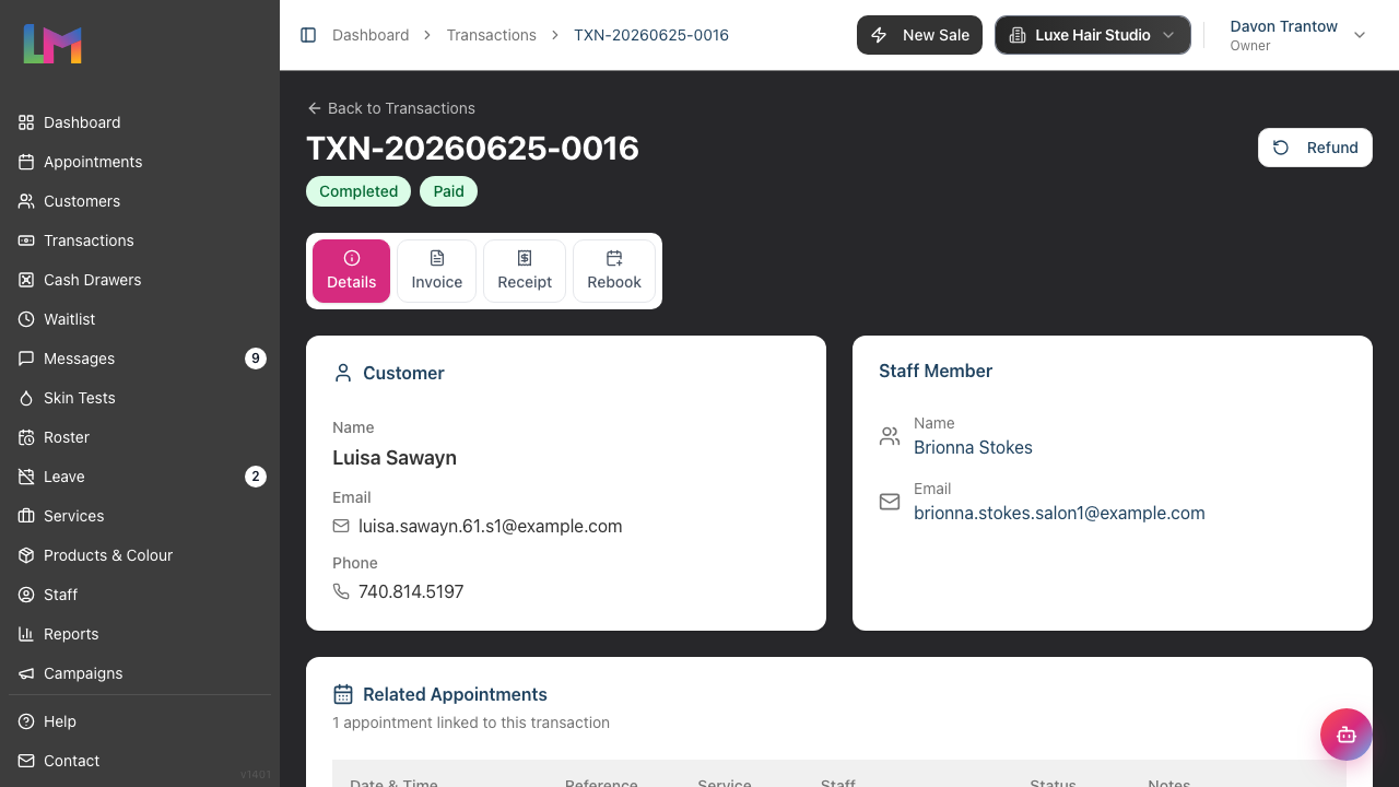 A transaction detail view showing the transaction number, status and payment-status badges, the Details/Invoice/Receipt tabs, and customer, staff and linked-appointment cards