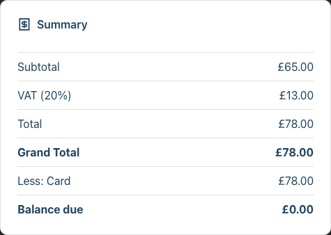 The Summary card on a transaction showing Subtotal, VAT, Total, Grand Total, a Less: Card payment line, and Balance due