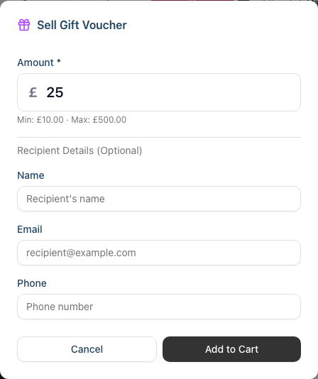 The Sell Gift Voucher dialog with an Amount field (pre-filled at ÂŖ25), optional recipient Name, Email and Phone fields, and Cancel and Add to Cart buttons.