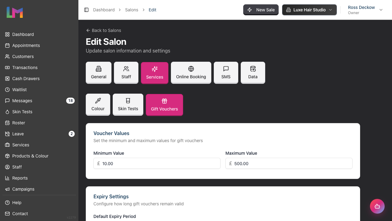 The Gift Vouchers sub-tab in salon settings, showing the Services and Gift Vouchers tabs and the Voucher Values card with its Minimum Value and Maximum Value fields.
