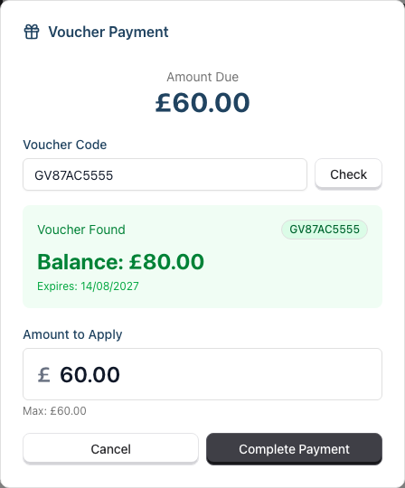 The Voucher Payment dialog showing the Amount Due, the voucher code field with a Check button, a green Voucher Found panel with the balance and expiry date, and the Amount to Apply field.