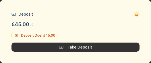 The amber Deposit card on the appointment detail page, showing the deposit amount, a