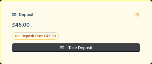 The amber Deposit card on the appointment detail page, showing the deposit amount, a 