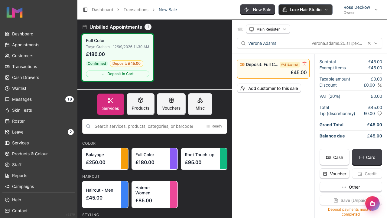 Quick POS with a deposit pre-loaded, showing the amber deposit line in the cart and the customer's unbilled appointments on the left