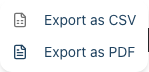The Export dropdown menu open, showing the Export as CSV and Export as PDF options.