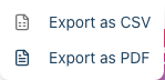 The Export dropdown menu open, showing the Export as CSV and Export as PDF options.