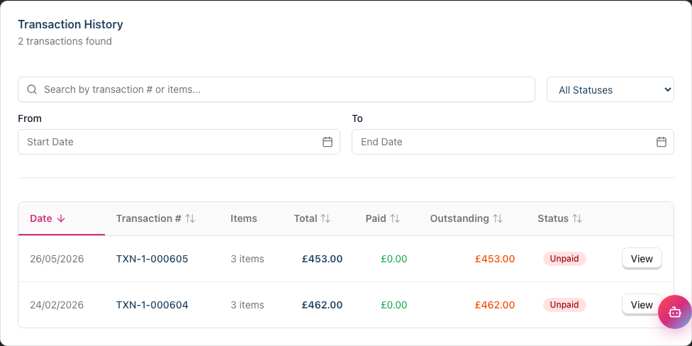 The Transaction History card on a customer's Billing tab, showing the payment status filter and two unpaid transactions with their Total, Paid and Outstanding amounts.
