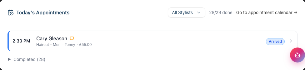 The Today's Appointments tab listing today's bookings with a done counter and stylist filter