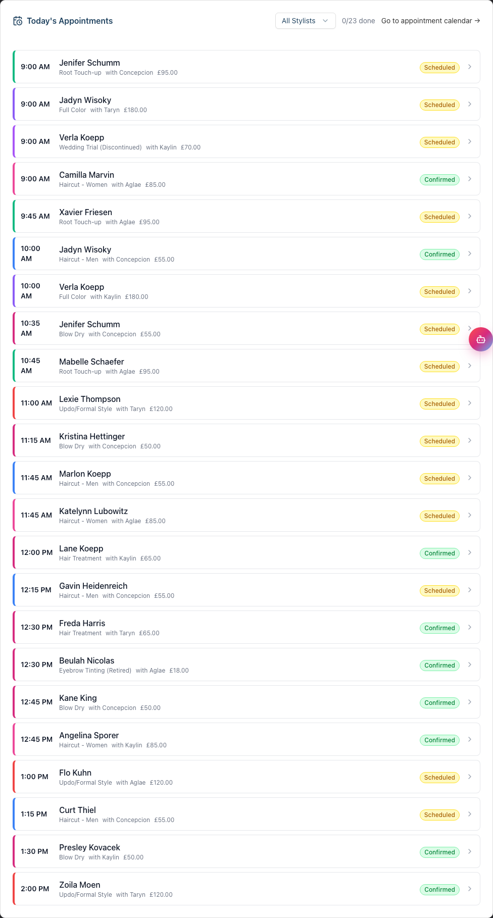 The Today's Appointments tab listing today's bookings with a done counter and stylist filter